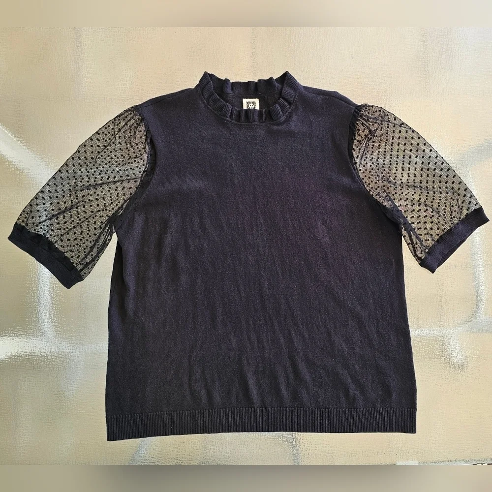 Annie Klein XL Casual Black Top with Sheer Polka Dot Sleeves - Picture 2 of 12